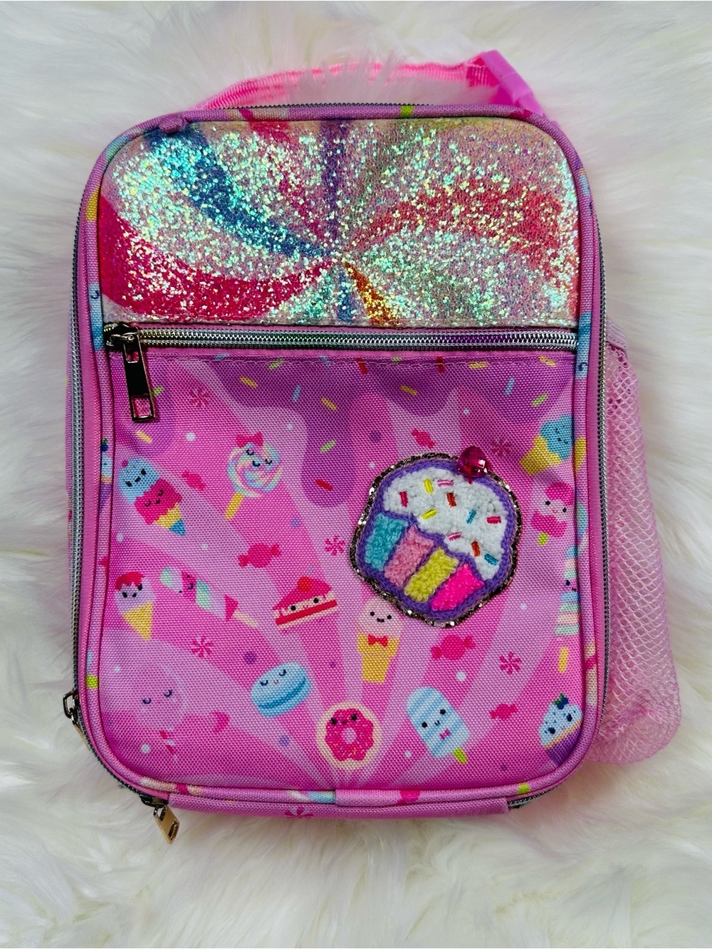 Girls Pink Glitter Cupcake Lunch Box - Sequin Snack Print